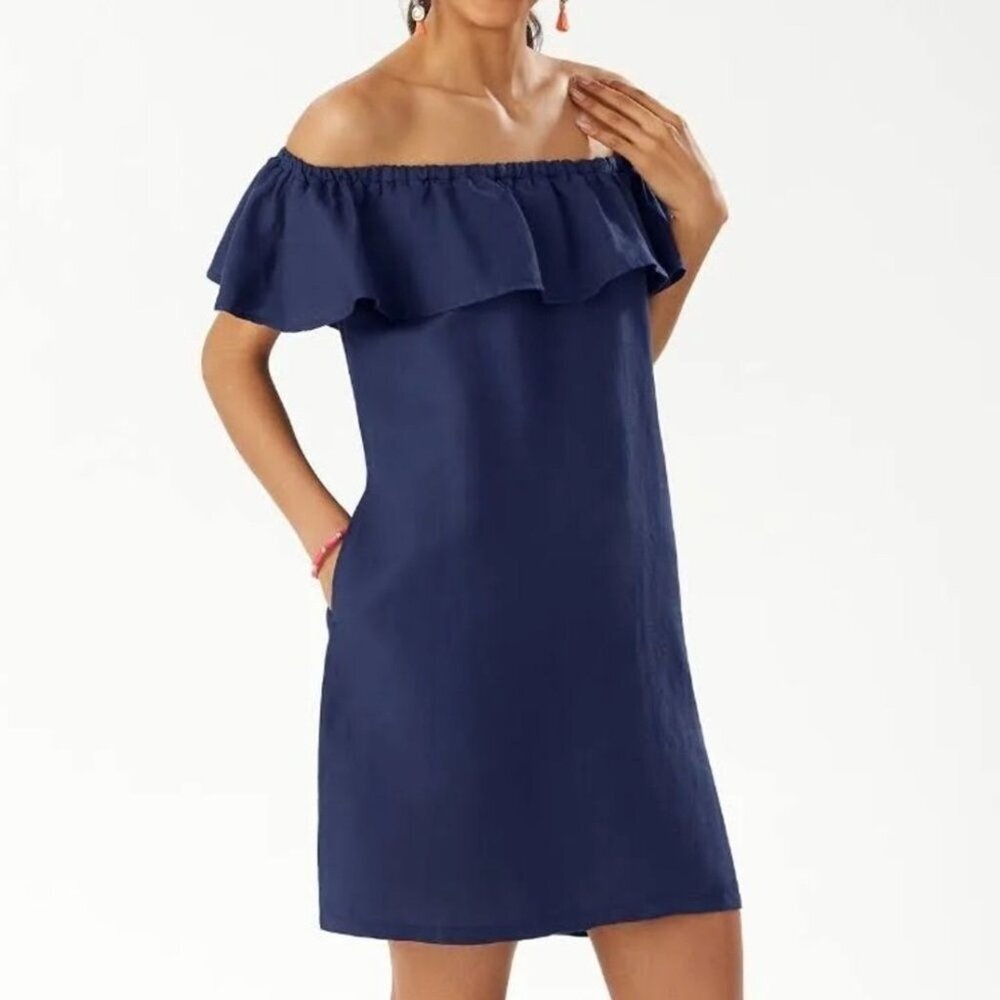 Tommy Bahama Linen Blend Off-The-Shoulder Dress Navy Blue Size M Summer Casual